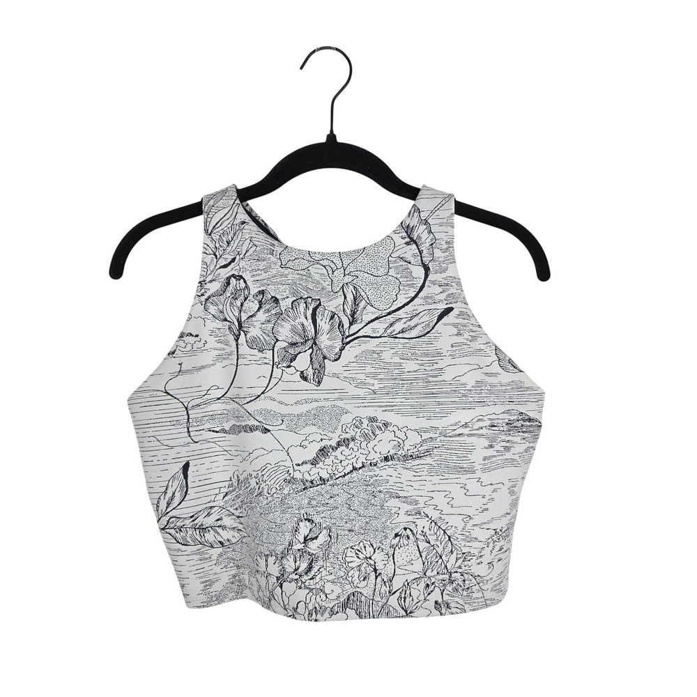 Athleta Black White Floral Print Conscious Crop‎ Bra Racerbsck L - missing cup